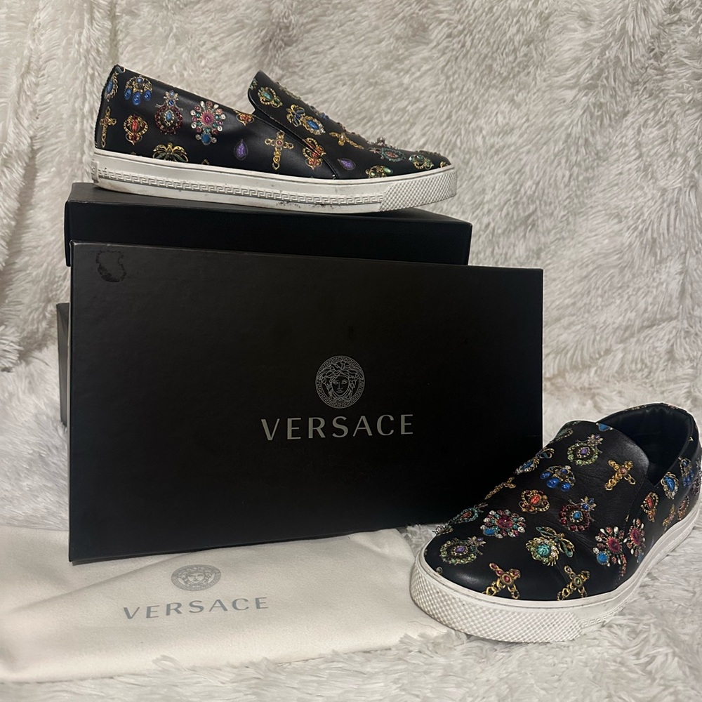 Versace Men's Black and Multicolor Slip-On Loafers